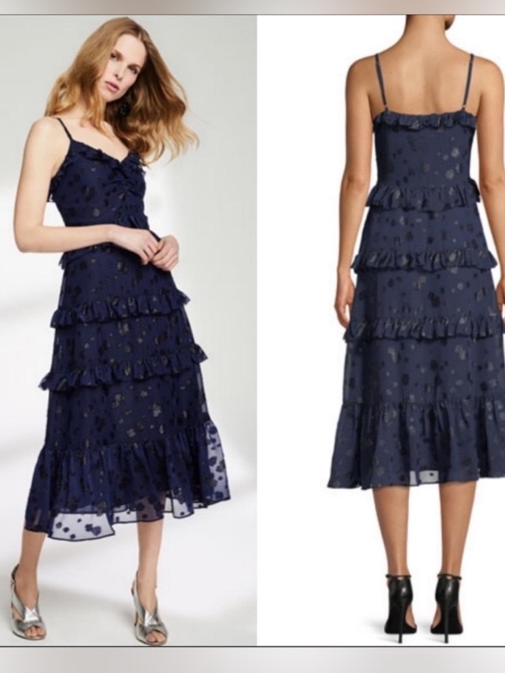 Michael Michael Kors Dot True Navy Ruffle Sweetheart Neckline Midi Dress New XL